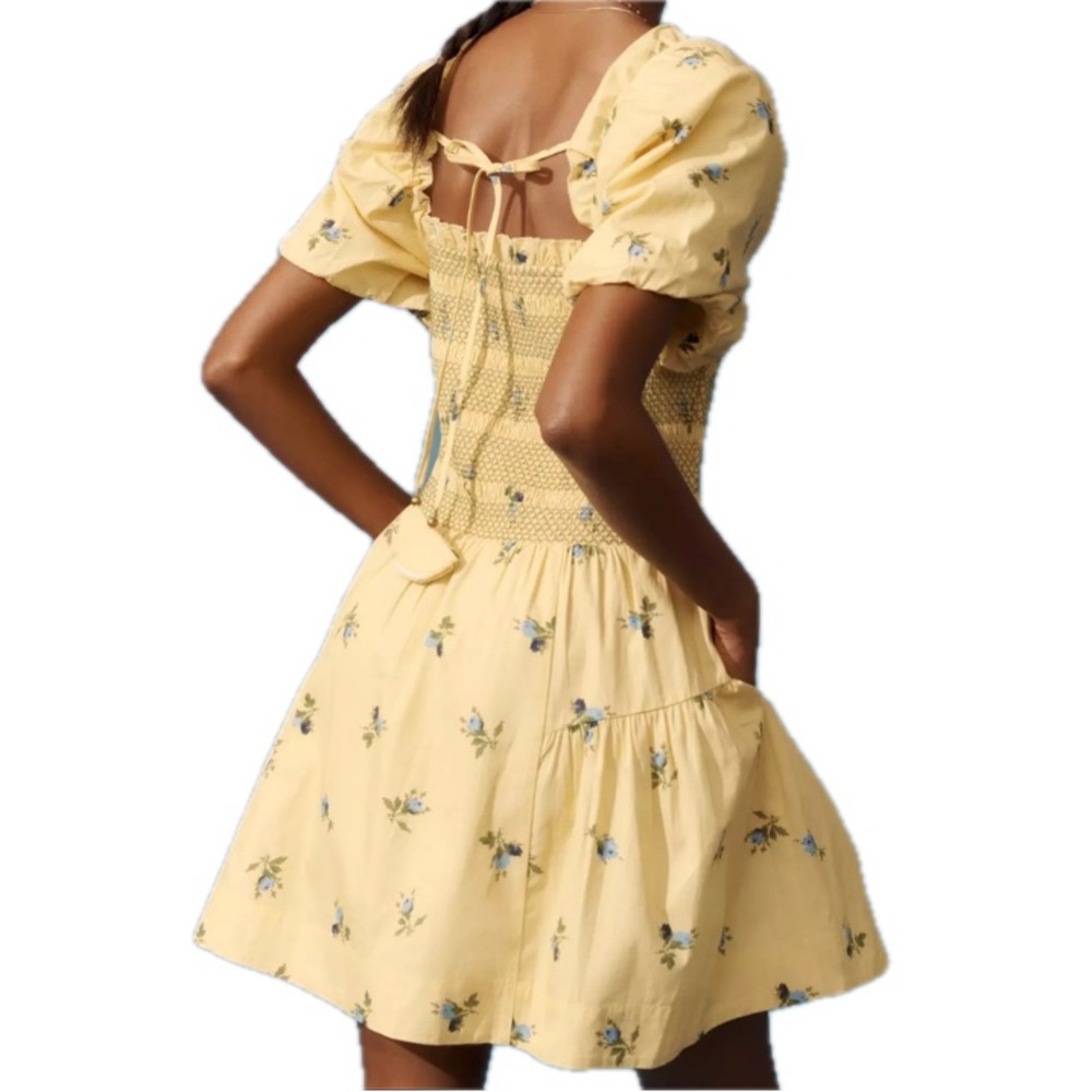 Anthropologie Yellow Floral Cotton Puff Sleeve Mini Dress XS EUC